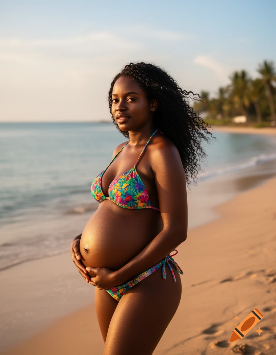 Photorealistic image of a pregnant Black woman in a colorful bikini, holding her belly on a beach at sunset.
