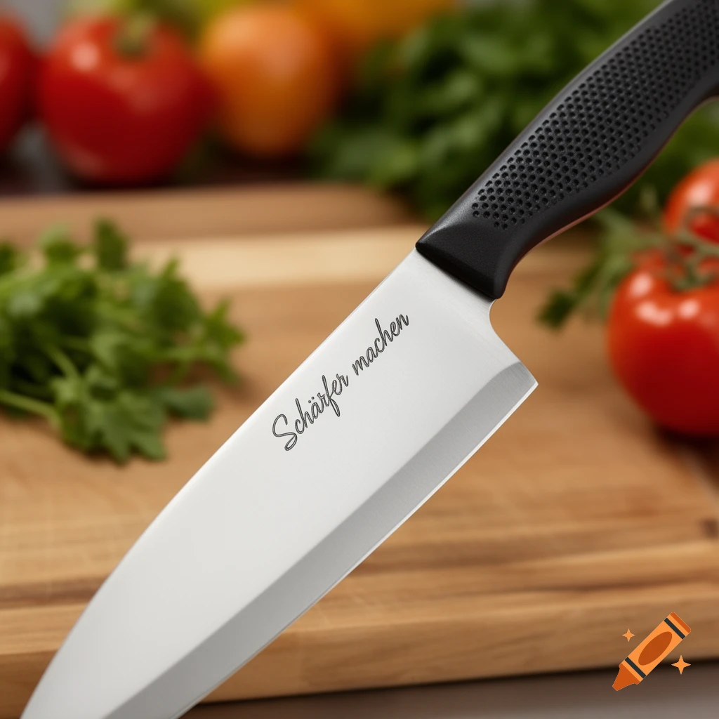 A close-up shot of a sharp kitchen knife with "Schärfer machen" engraved on its blade, resting on a wooden cutting board with blurred vegetables in the background.