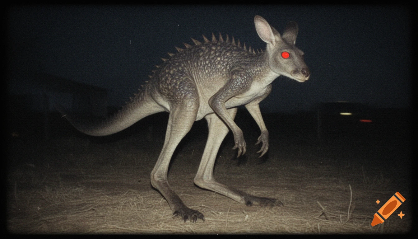 A terrifying mutated kangaroo cryptid with glowing red eyes and spikes along its spine, caught by a camera flash at night in an analog horror style.