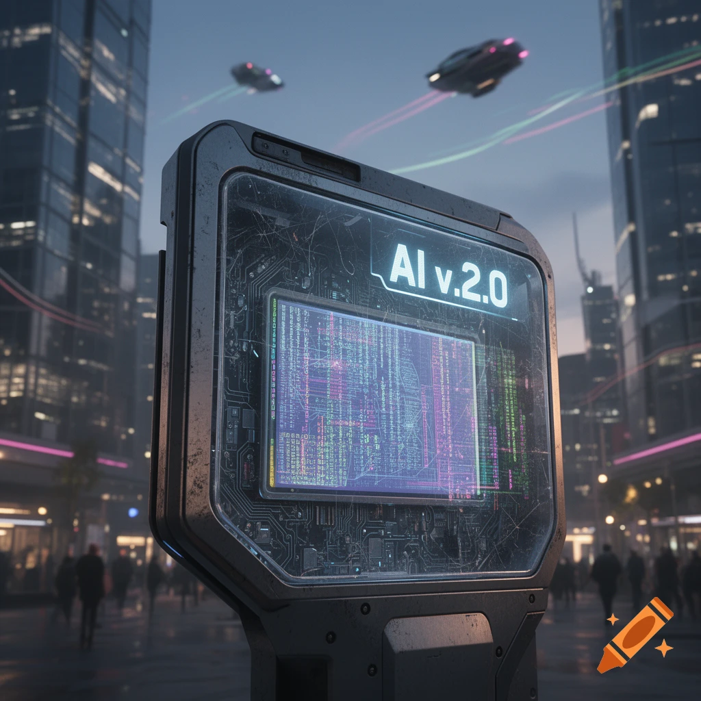 A large futuristic display screen showing "AI v.2.0" and glowing code, set in a bustling sci-fi city with flying vehicles.