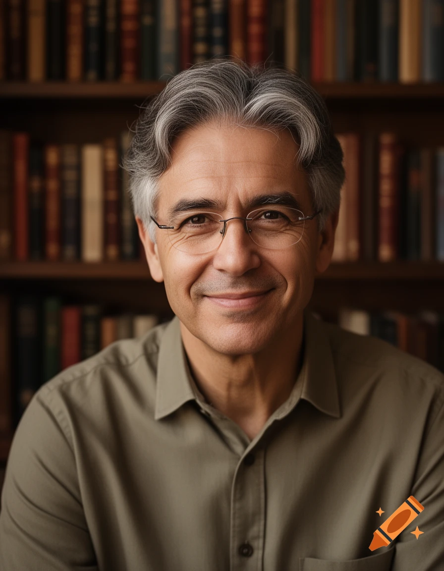 A smiling middle-aged man with salt and pepper hair and glasses, wearing a khaki shirt, in front of a blurred bookshelf. Photorealistic style.