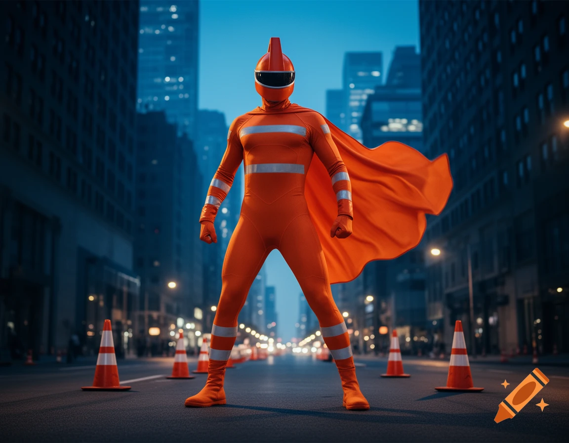 A traffic cone themed superhero in an orange suit and cape stands confidently on a city street lined with traffic cones at dusk.