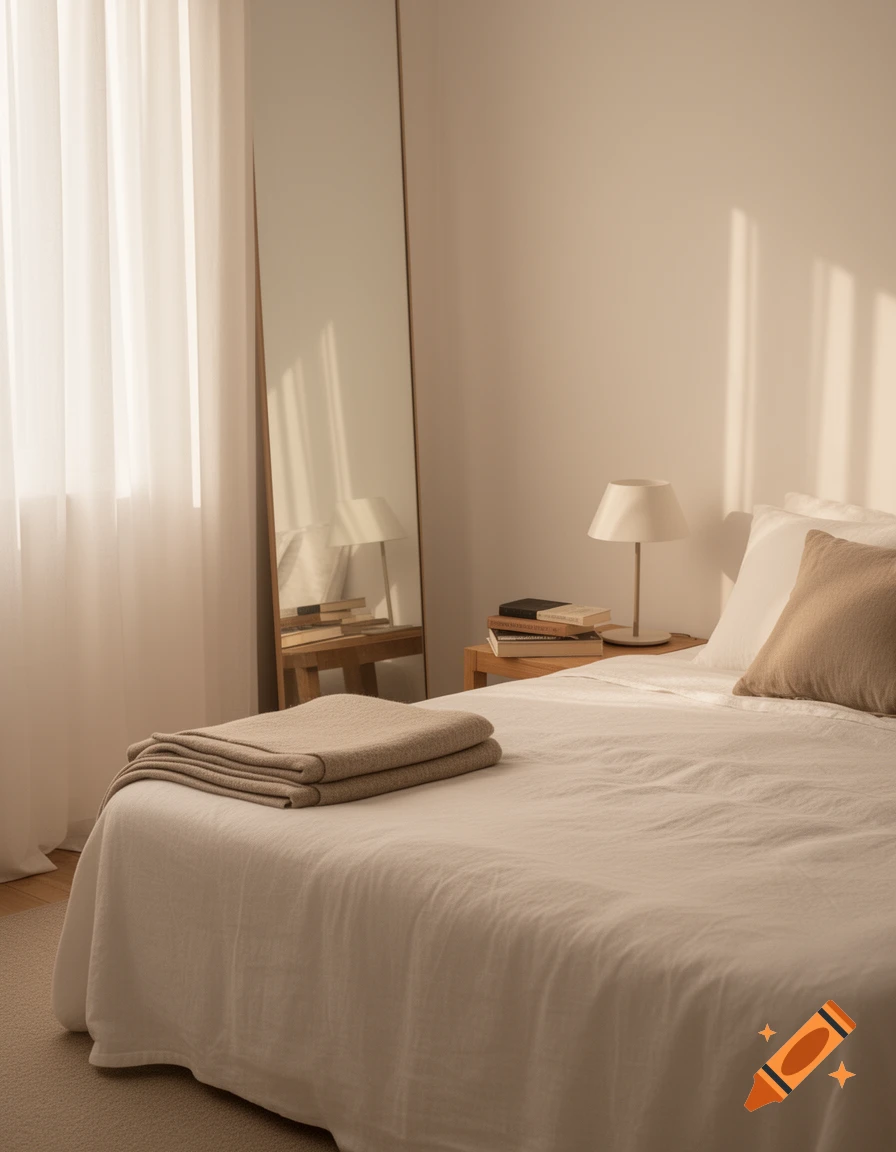A minimalist bedroom with a white bed, beige blanket, bedside table with lamp and books, a full-length mirror, and sheer curtains.