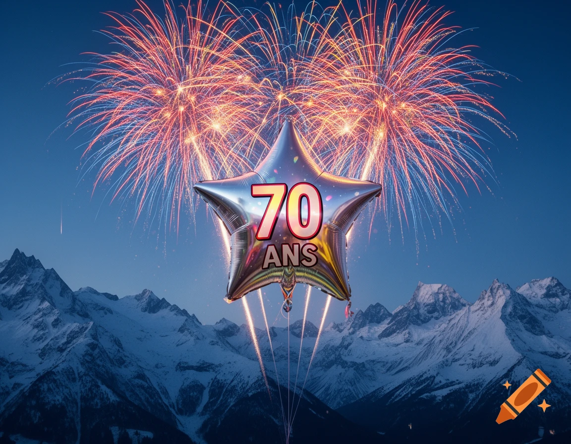 A star-shaped balloon with '70 ANS' floats above snowy mountains as fireworks explode in the night sky.