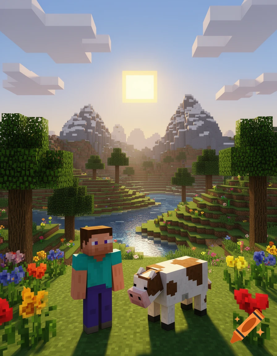 A blocky figure resembling Steve and a cow stand in a vibrant, pixelated Minecraft landscape with mountains, a river, trees, and flowers under a sunny sky.