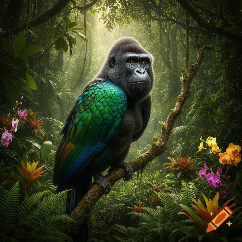 A creature with a gorilla head and a bird body with green and blue feathers sits on a branch in a vibrant jungle.