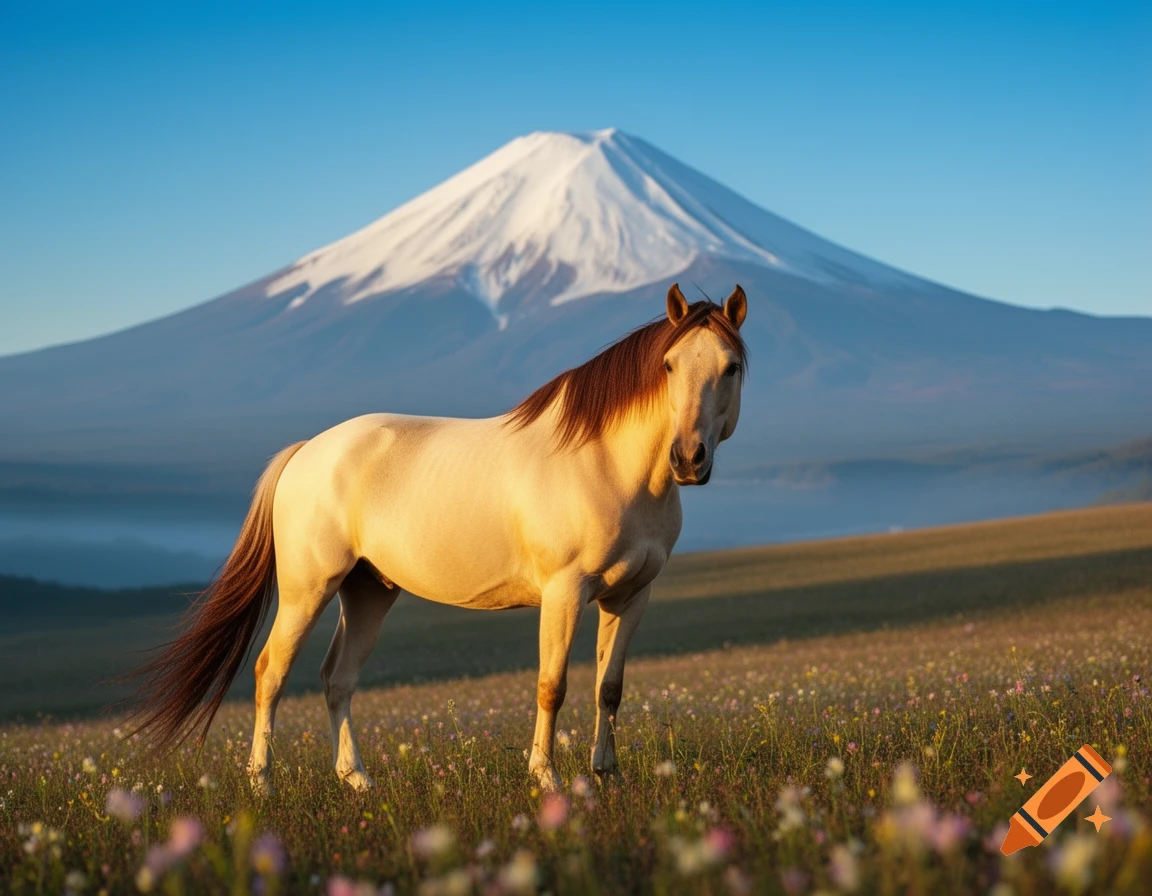 A light brown horse stands in a wildflower field with snow-capped Mount Fuji in the background under a blue sky.