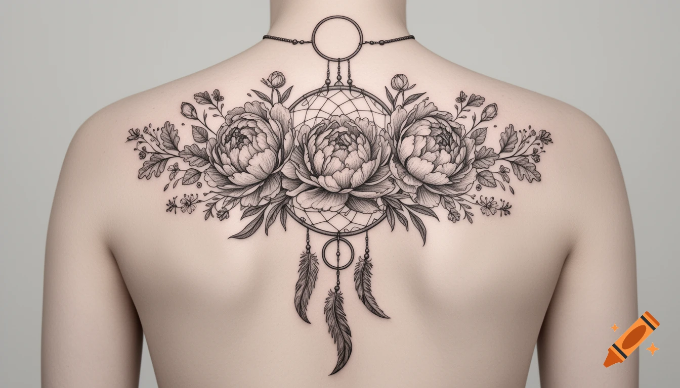 Detailed black line art tattoo of three blooming peonies and a dreamcatcher with feathers centered on a person's upper back.
