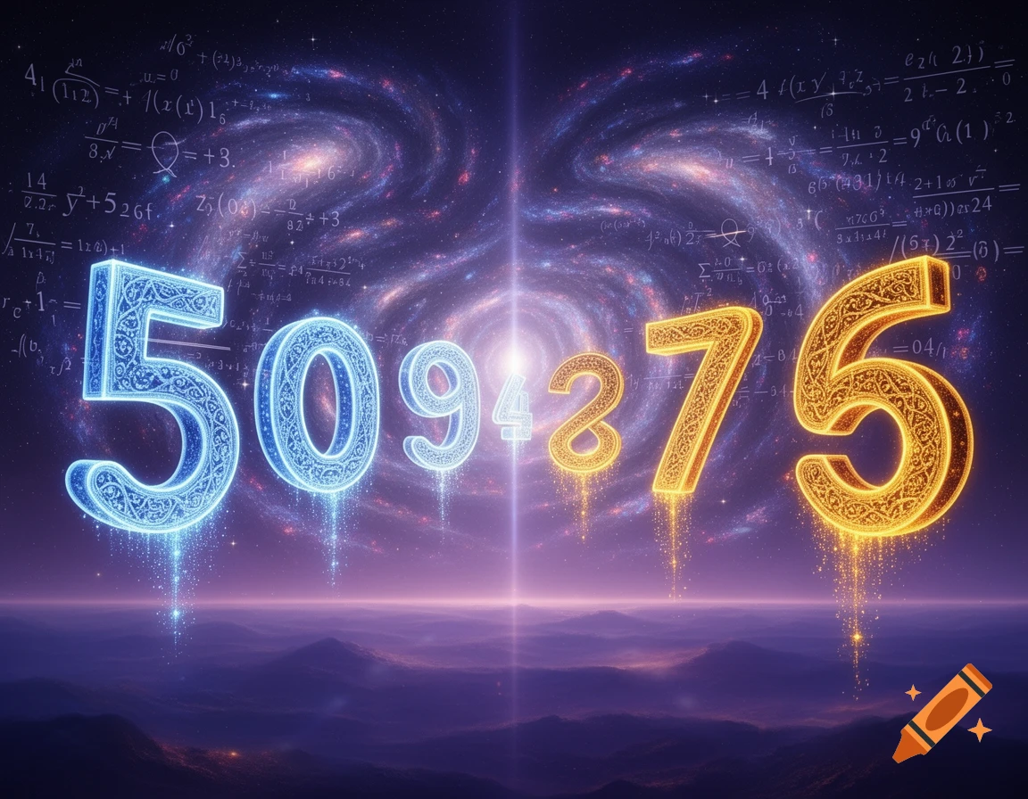 Glowing blue and gold numbers 50942875 float above a purple cosmic landscape, with galaxies and mathematical formulas in the background.