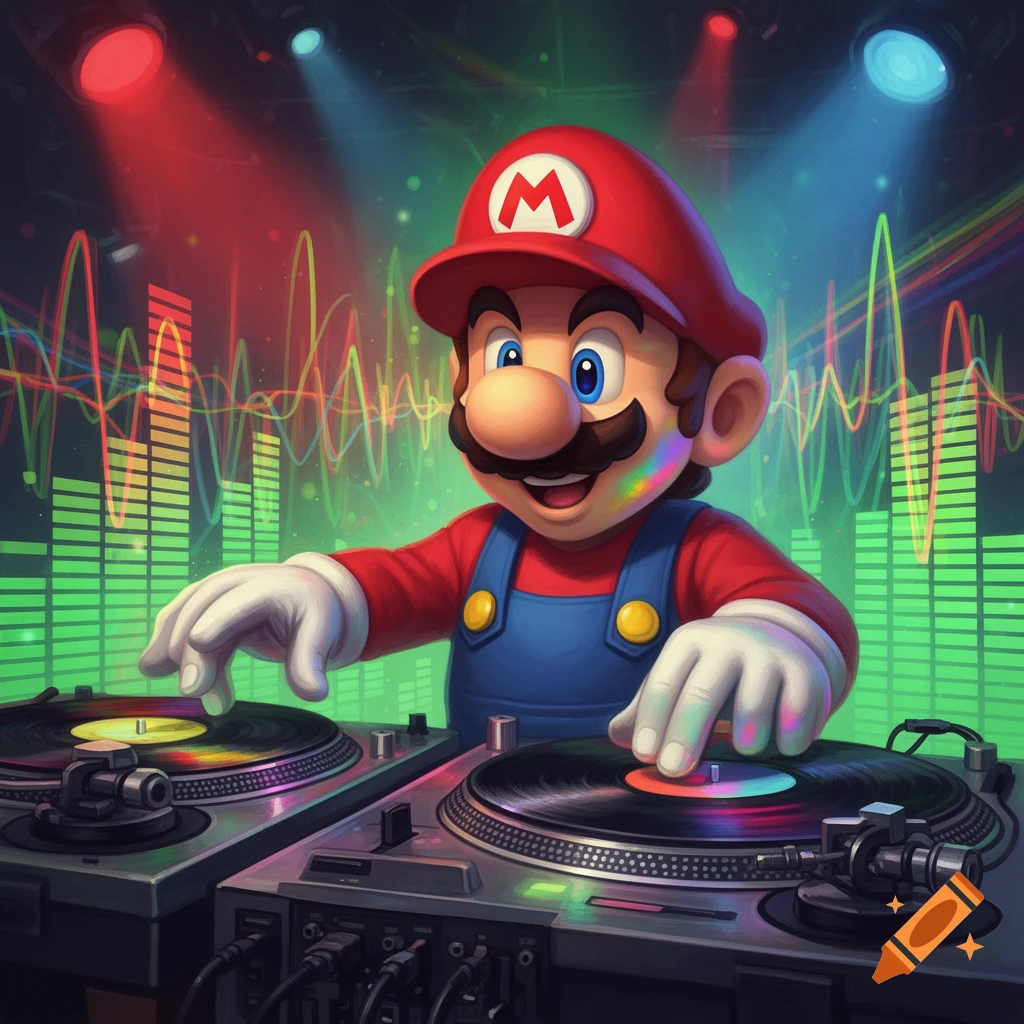 Super Mario in a DJ booth, scratching records on turntables with a background of glowing equalizer bars and colorful lights.