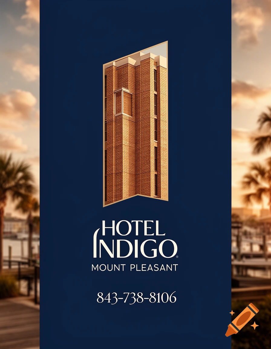 A hotel advertisement features a minimalist brick building logo above 'HOTEL INDIGO MOUNT PLEASANT' and a phone number, set against a blurred background of a marina and palm trees at sunset.
