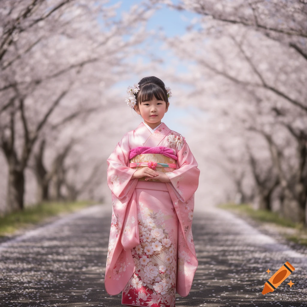 A young Japanese girl in a pink kimono with floral patterns stands beneath a canopy of cherry blossoms.