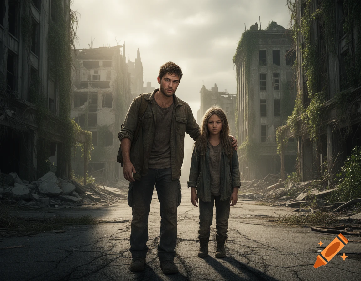 A man and a young girl in worn clothes stand in a desolate, overgrown city street under a cloudy sky, photorealistic.