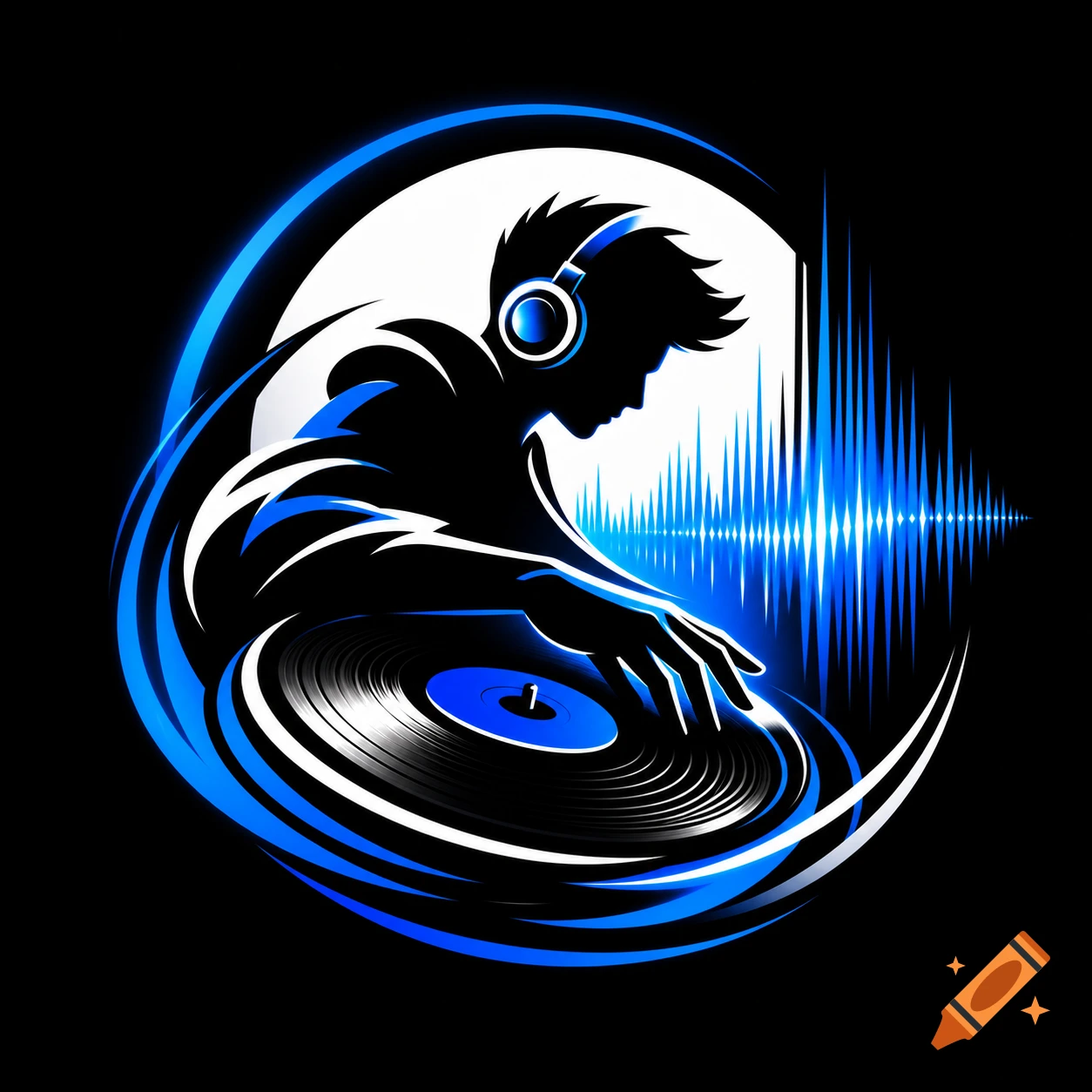 Stylized DJ logo featuring a silhouette with headphones scratching a record, surrounded by blue sound waves on a black background.