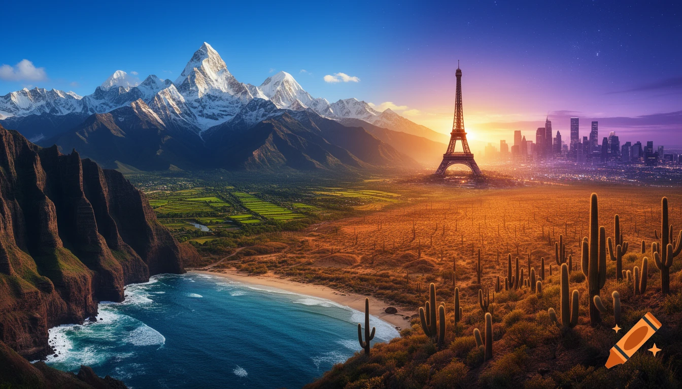 Hyperrealistic fantasy landscape with mountains, beach, desert cacti, Eiffel Tower, and city skyline at sunset.