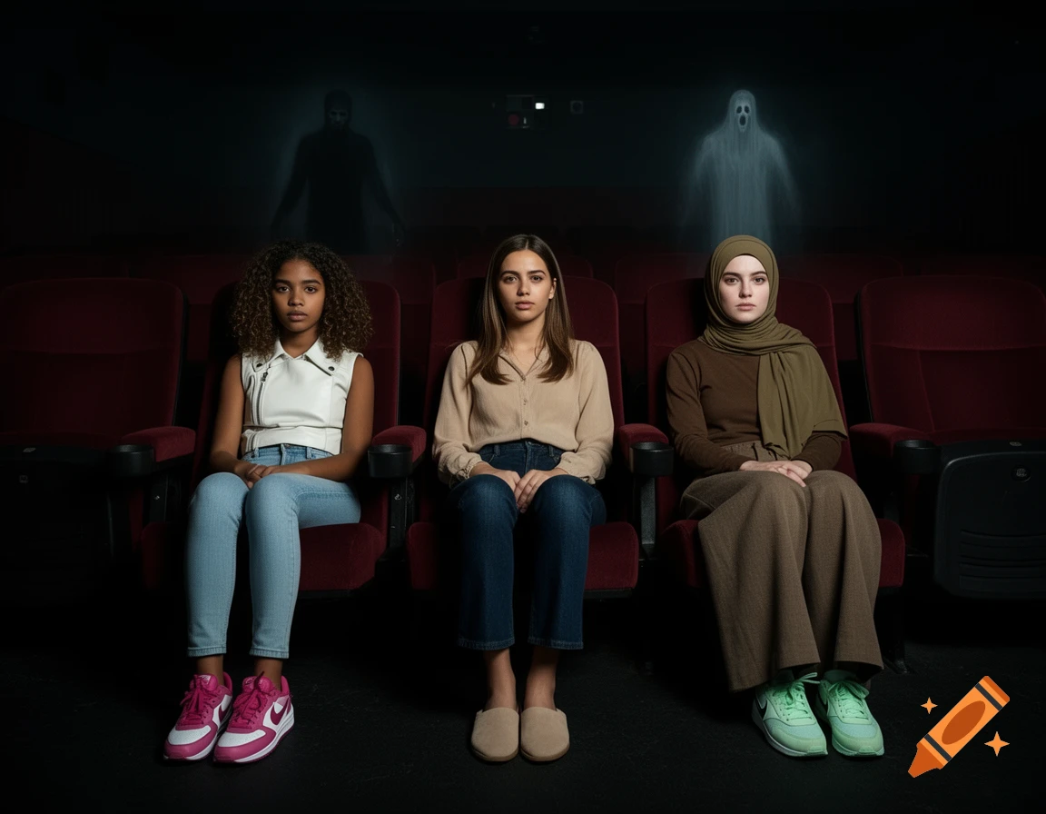 Three young women sit in a dark, empty cinema, looking scared, with a shadowy figure and a ghost projected on the screen behind them.