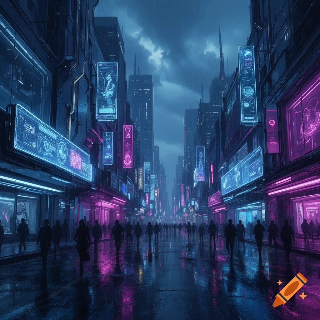 A dark, rainy, futuristic cyberpunk city street with silhouetted people walking under bright neon blue and magenta lights reflecting on the wet ground.