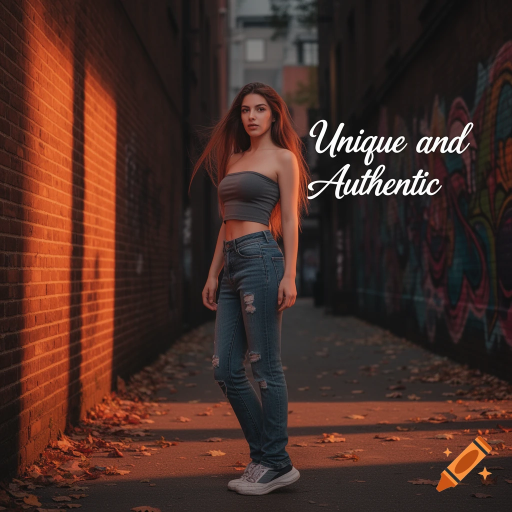 A young woman in a tube top and ripped jeans stands in an alley with graffiti walls and autumn leaves. Text: Unique and Authentic.