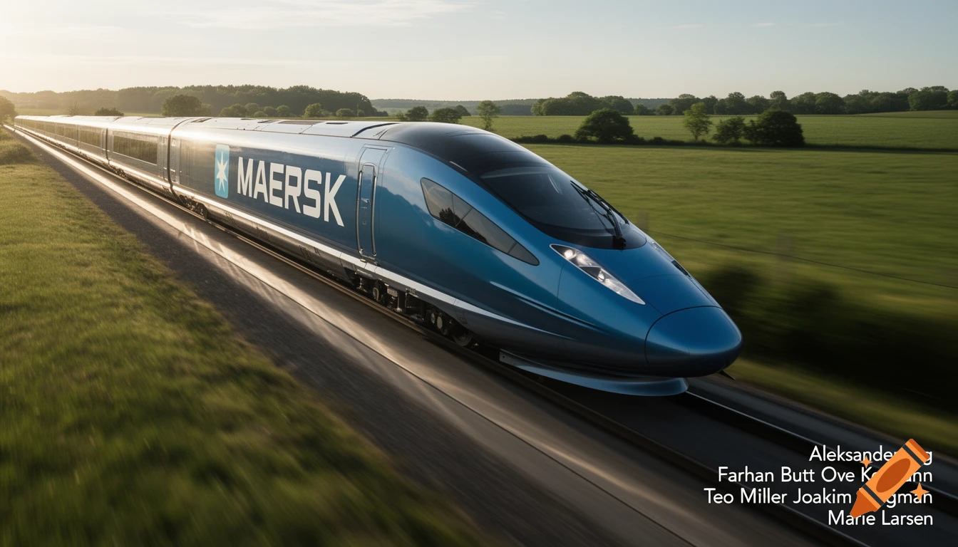 A sleek blue Maersk bullet train speeds through a vibrant green rural landscape under a sunny sky.
