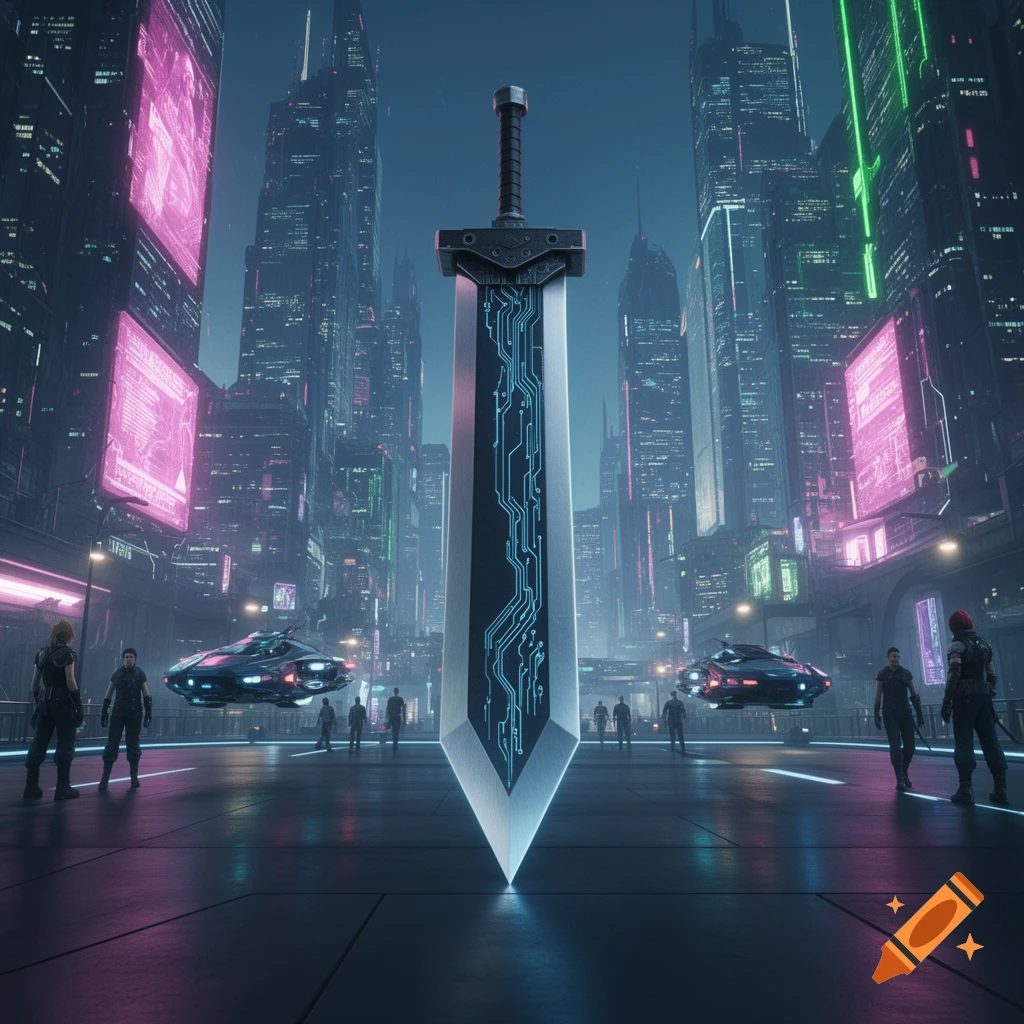 A huge Buster Sword with blue circuit patterns stands in a futuristic, neon-lit cityscape with skyscrapers, flying cars, and people.