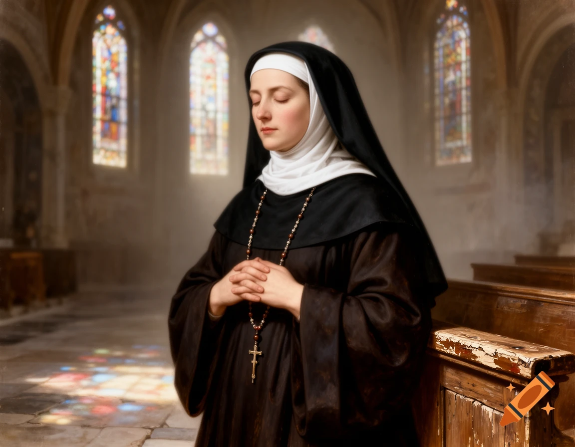 A portrait of a nun in a church, eyes closed in prayer, wearing a black habit and holding a rosary. Stained glass windows are in the background.