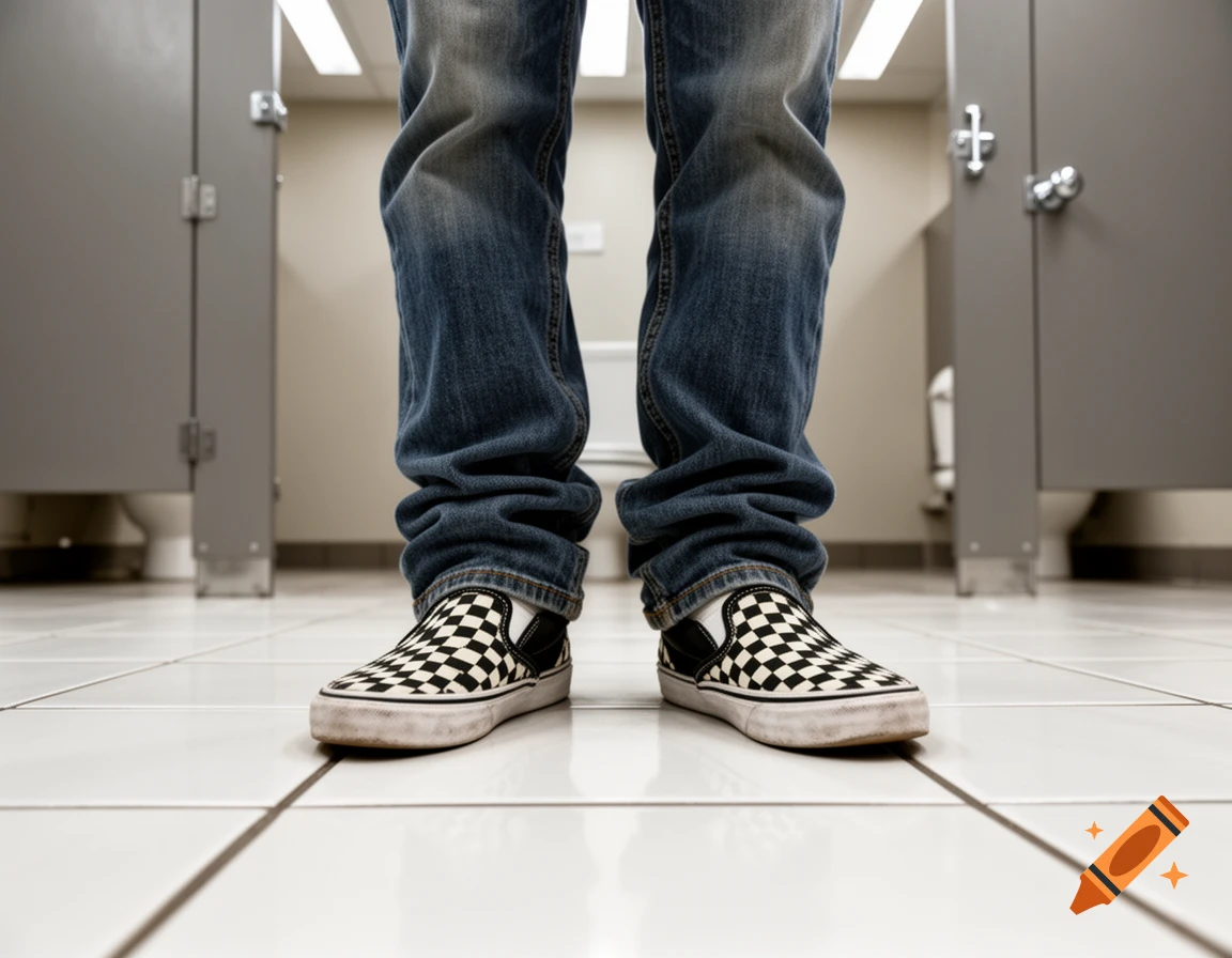 Low angle shot of a person's legs in jeans and checkerboard slip-on shoes inside a public restroom stall.