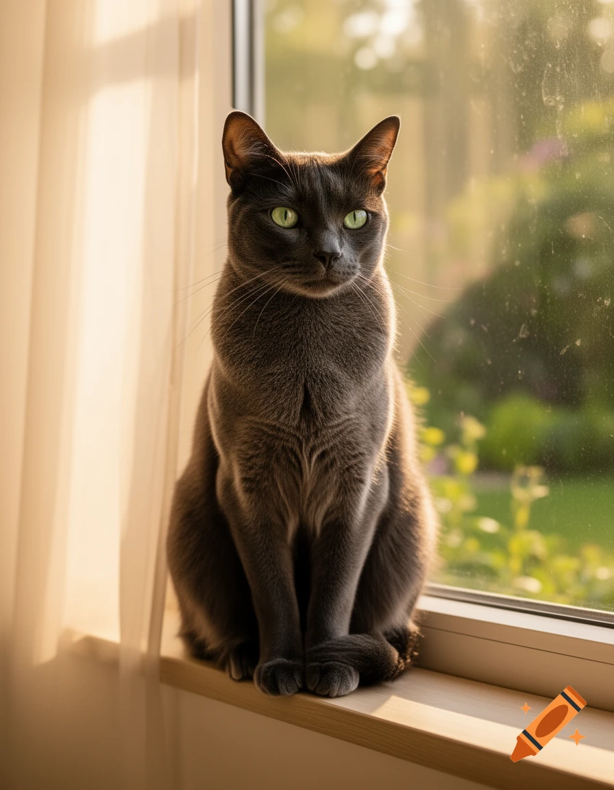 A photorealistic grey cat with bright green eyes sits on a sunlit windowsill, looking forward.