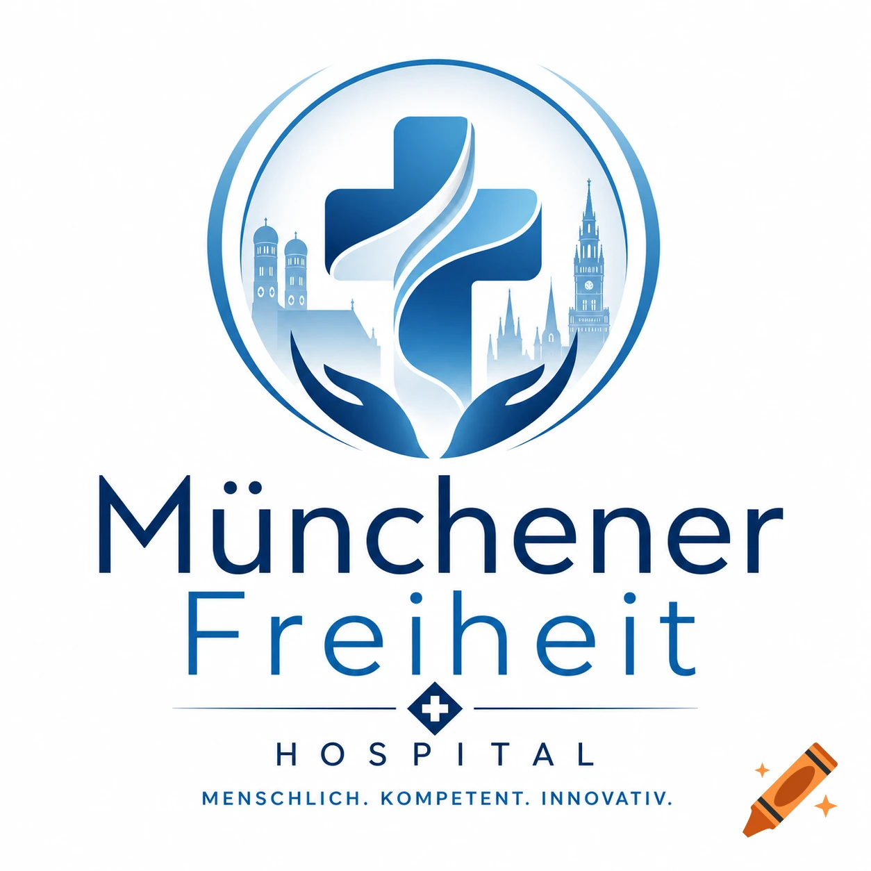 Blue and white hospital logo featuring a cross, city skyline, and cupped hands, with text 'Münchener Freiheit HOSPITAL'.