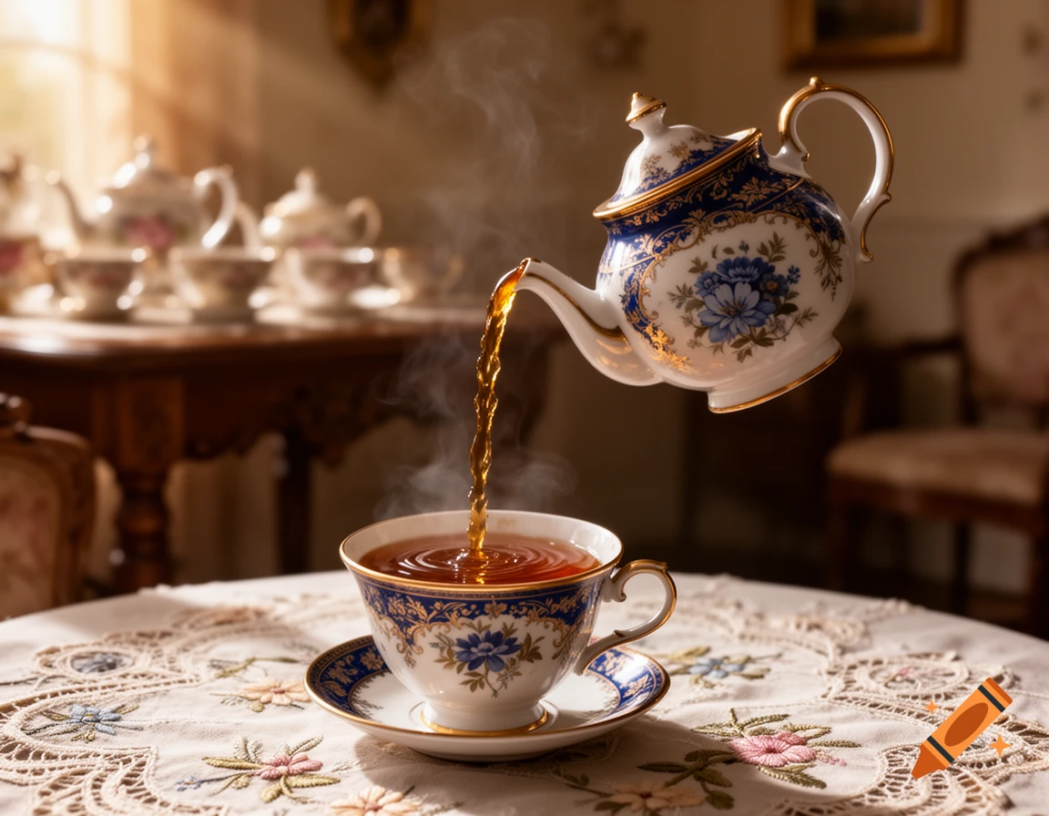 A floating ornate blue and gold teapot pours steaming tea into a matching vintage teacup on a lace tablecloth in an elegant room.