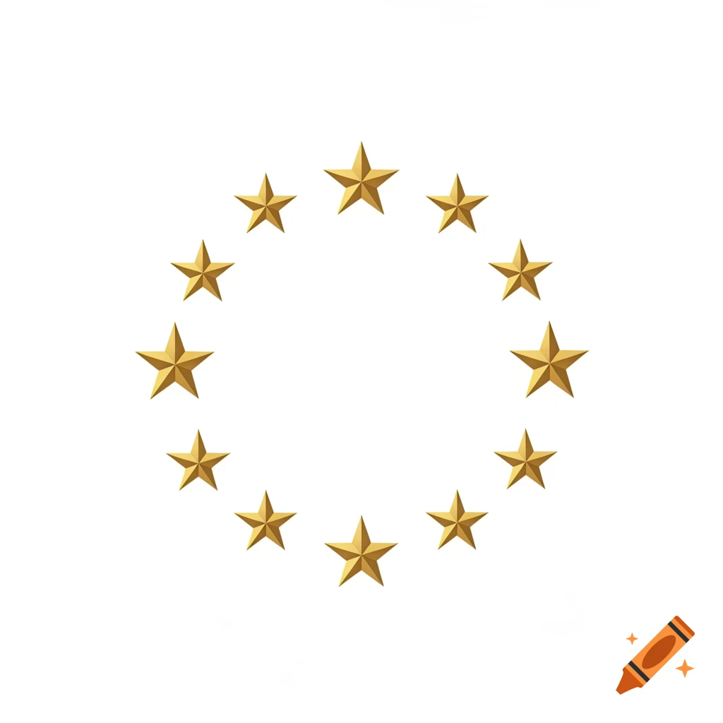 Twelve golden, five-pointed stars arranged in a perfect circle on a white background.