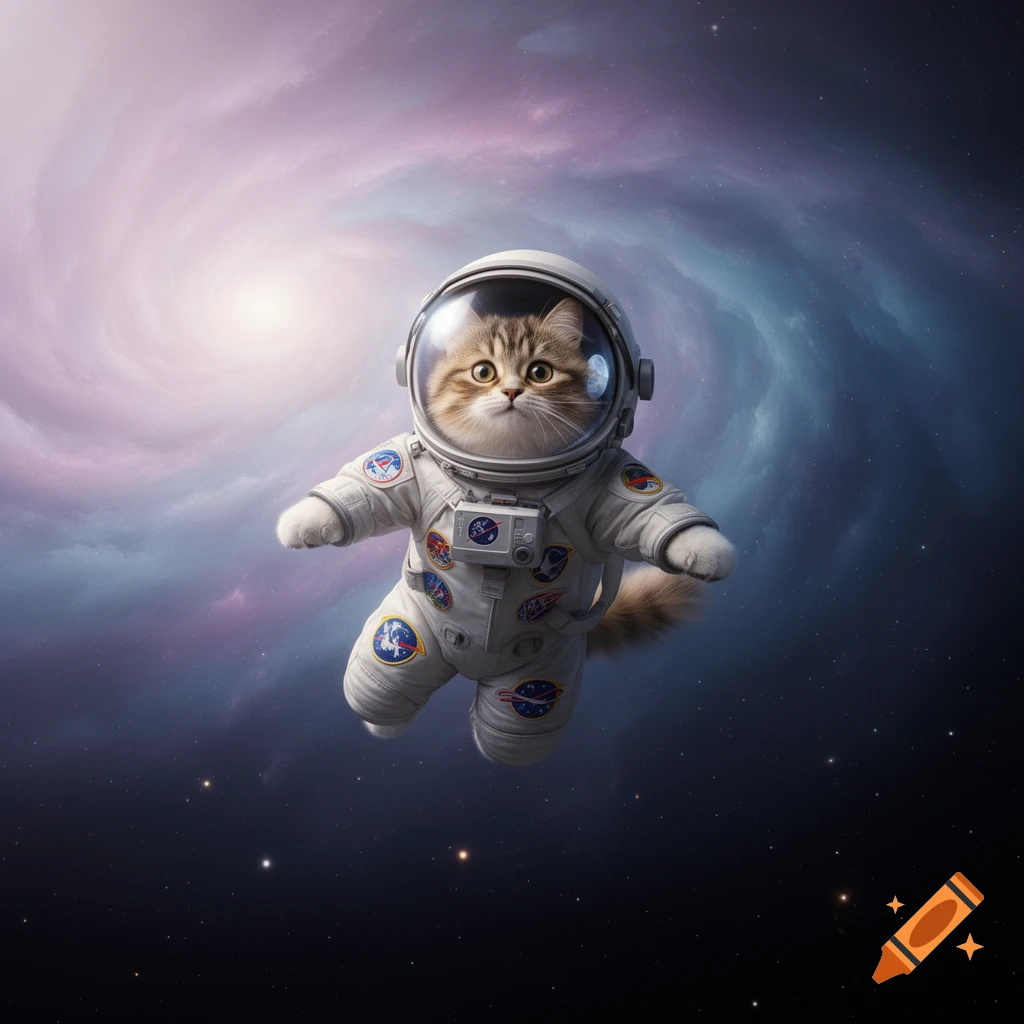 A cute cat in an astronaut suit floats through space with a pastel galaxy background.