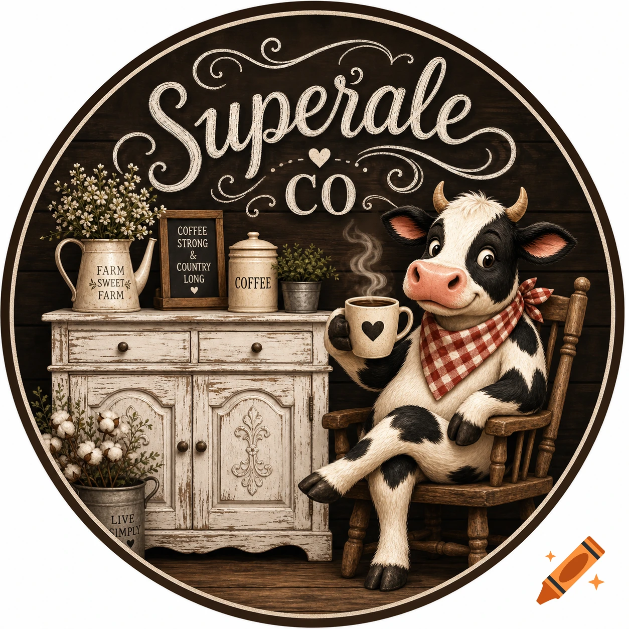 Cartoon cow sits in a rustic chair, sipping coffee from a heart-emblazoned mug, next to a distressed cabinet in a round logo, text reads 'Superale CO'.