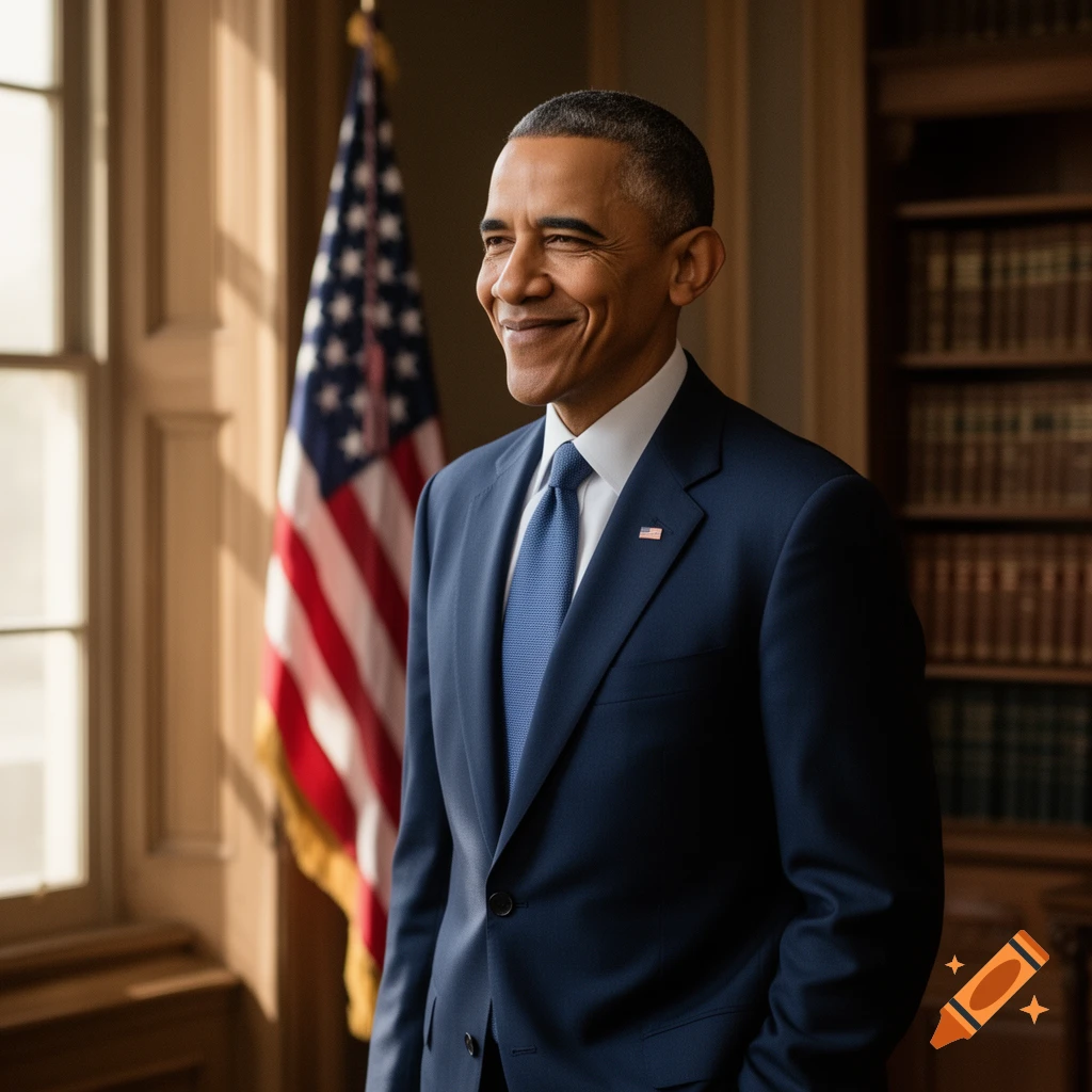 Former President Barack Obama smiles, wearing a navy suit and blue tie, with an American flag and bookshelf in the background.