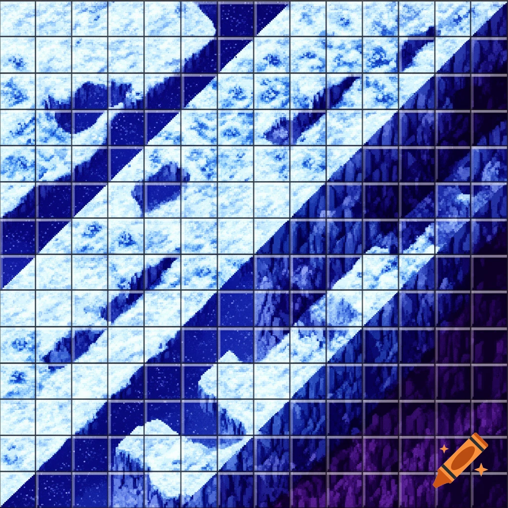 A pixel art texture sheet featuring a grid of diagonally split tiles. The tiles display snowy blue and white surfaces, dark blue rock faces, and deep purple shadows, typical of 16-bit video game terrain.