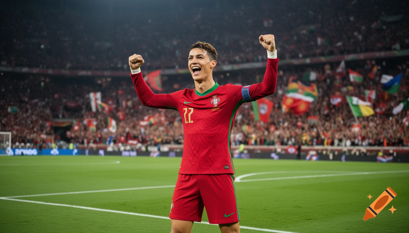 A jubilant football player, resembling Cristiano Ronaldo, in a red Portugal jersey with number 22 celebrates in a crowded stadium.