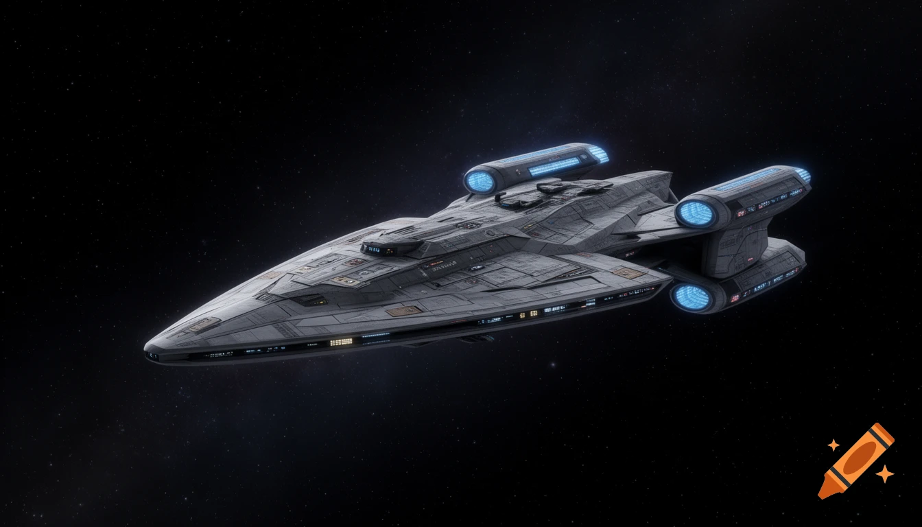 A detailed, gray futuristic spaceship with blue glowing engines flies through a star-filled black space.