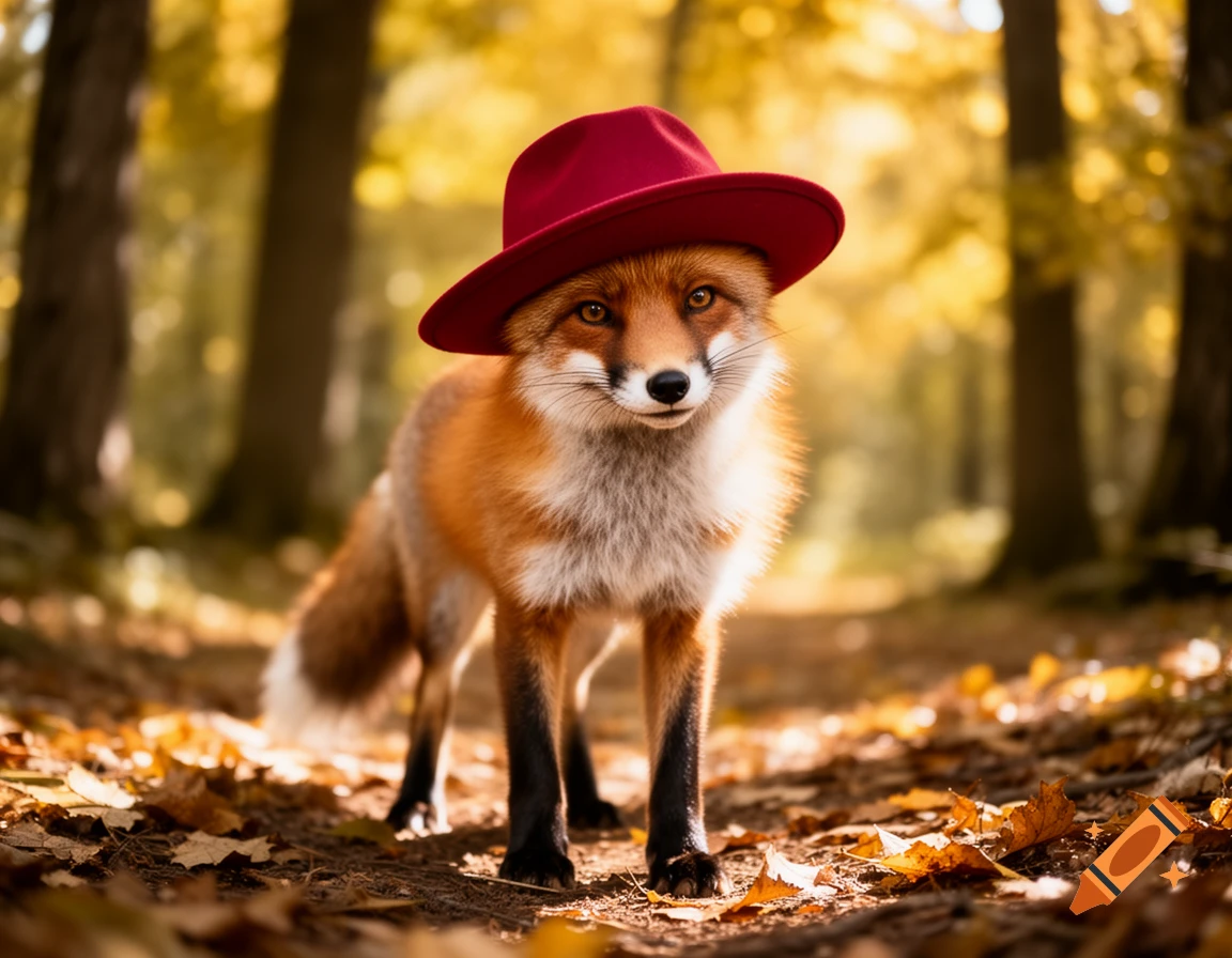 A red fox wearing a red hat stands on a leafy forest path during autumn, looking directly forward.
