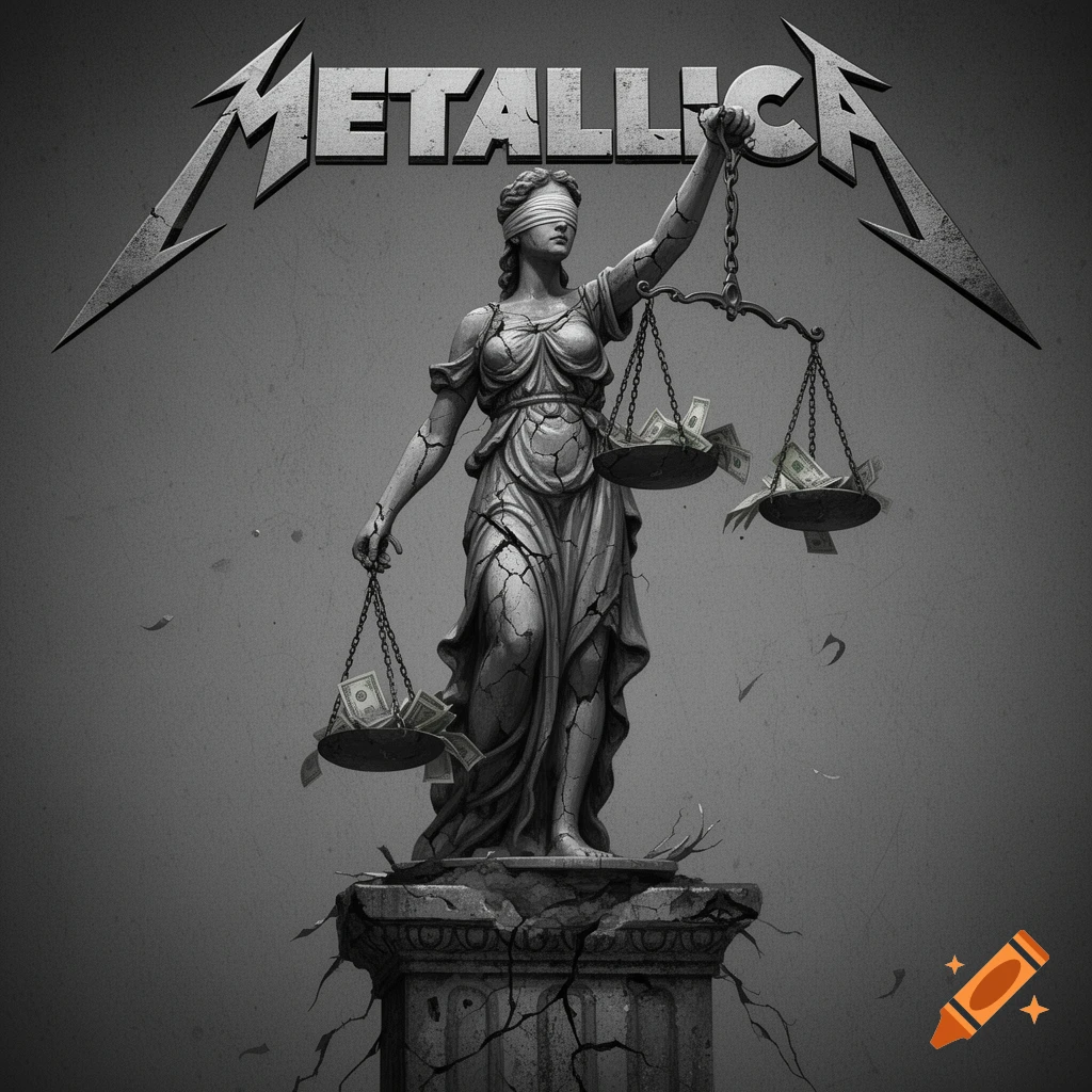 Monochromatic art of a cracked, blindfolded Lady Justice statue holding scales spilling money, with the Metallica logo above.