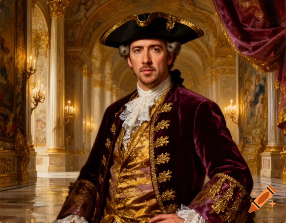 Nicolas Cage in an 18th-century noble outfit, complete with a tricorn hat and powdered wig, stands in an opulent, gilded hall.