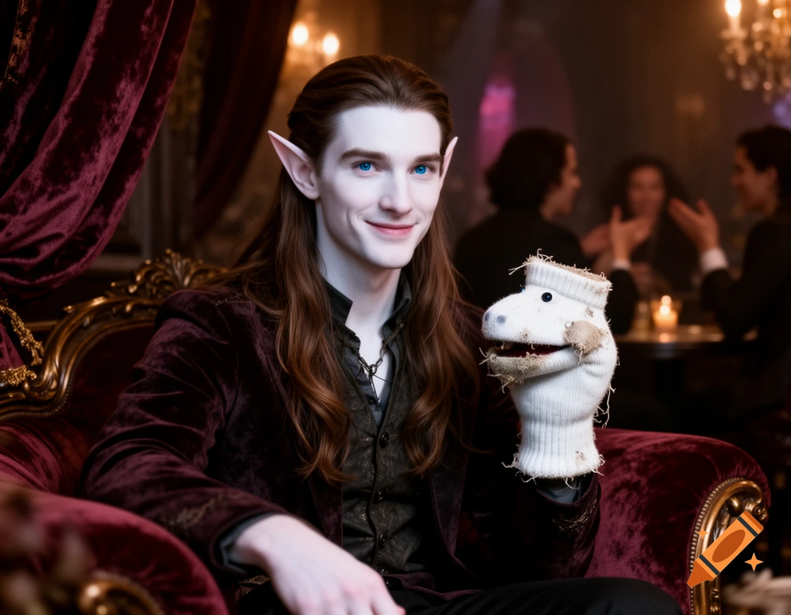 Smiling photorealistic male elf with long brown hair, blue eyes, and pointy ears, holding a white sock puppet in an ornate, dimly lit room.