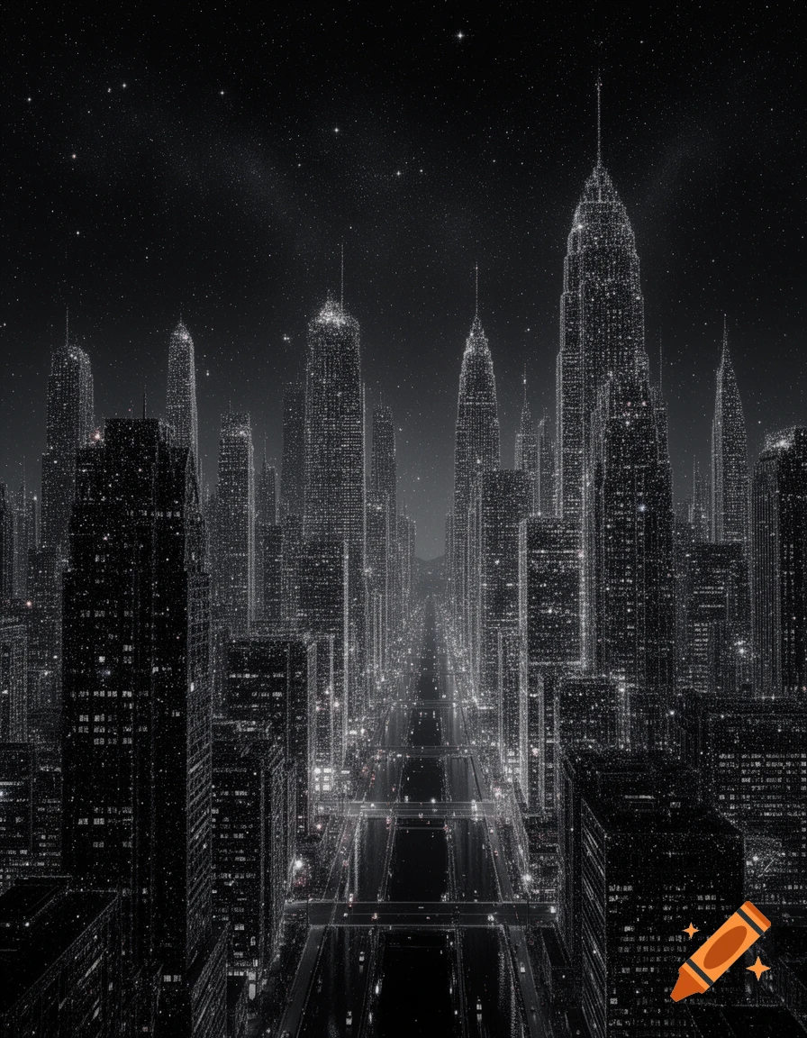 A stylized cityscape at night, with towering skyscrapers appearing to be made of starlight, under a dark, starry sky.