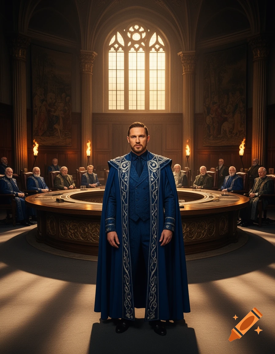 A man in a blue ceremonial robe stands in a grand hall with a large arched window, while other men are seated at a circular table.
