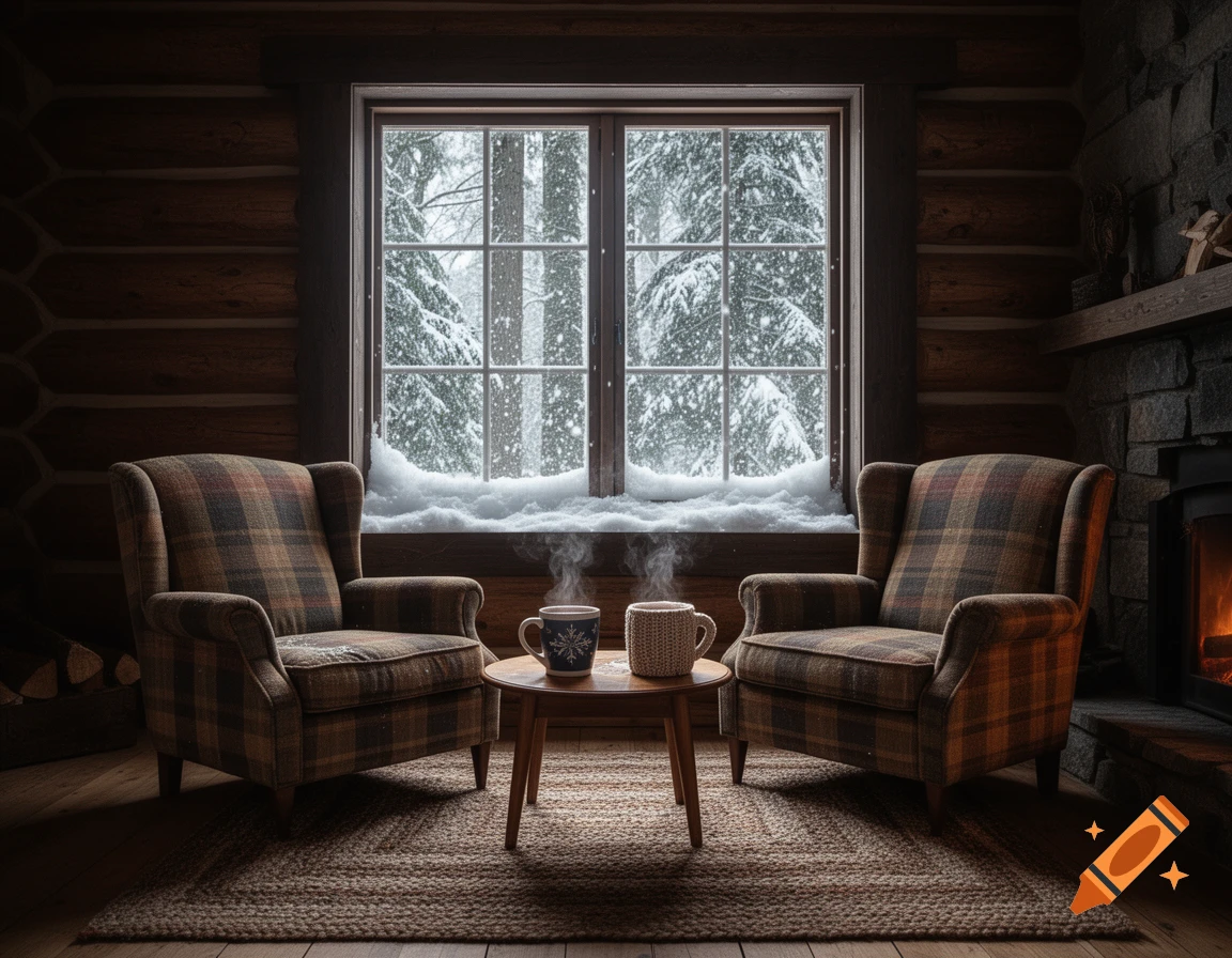 A cozy cabin interior with two plaid armchairs, a table with steaming mugs, and a snowy winter forest outside the window, next to a lit fireplace.