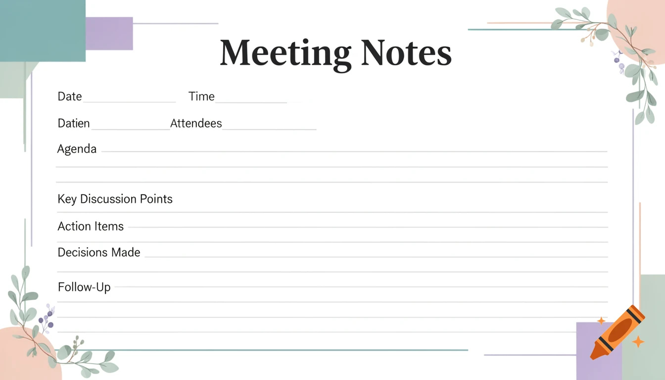 A minimalist digital planner page titled "Meeting Notes" with sections for date, time, attendees, agenda, key discussion points, action items, decisions made, and follow-up, decorated with subtle pastel botanical and geometric accents.