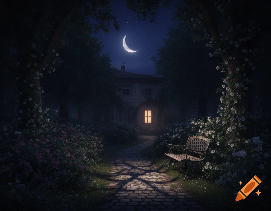 A moonlit garden path leads to a house with a glowing window, a crescent moon in the night sky, and a bench on the right.