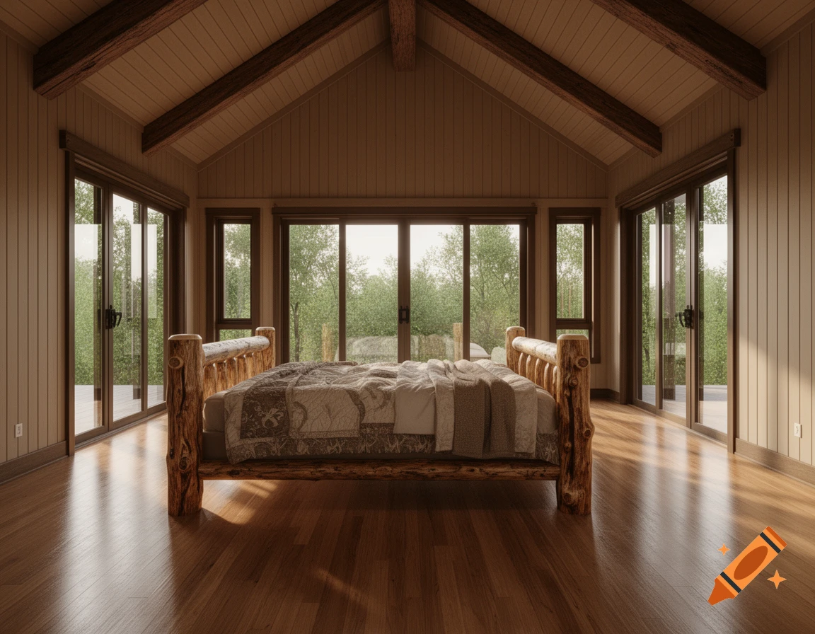 A rustic master bedroom with a log bed, large sliding glass doors, a wood floor, and a vaulted ceiling with beams.