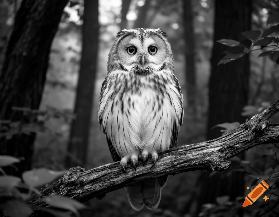A photorealistic black and white owl with large eyes sits on a gnarled tree branch, looking directly forward in a dark forest.