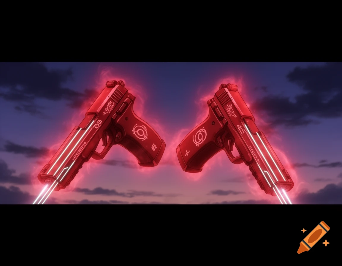 Two anime-style pistols with red magic glow, facing outwards against a dark, cloudy sky.