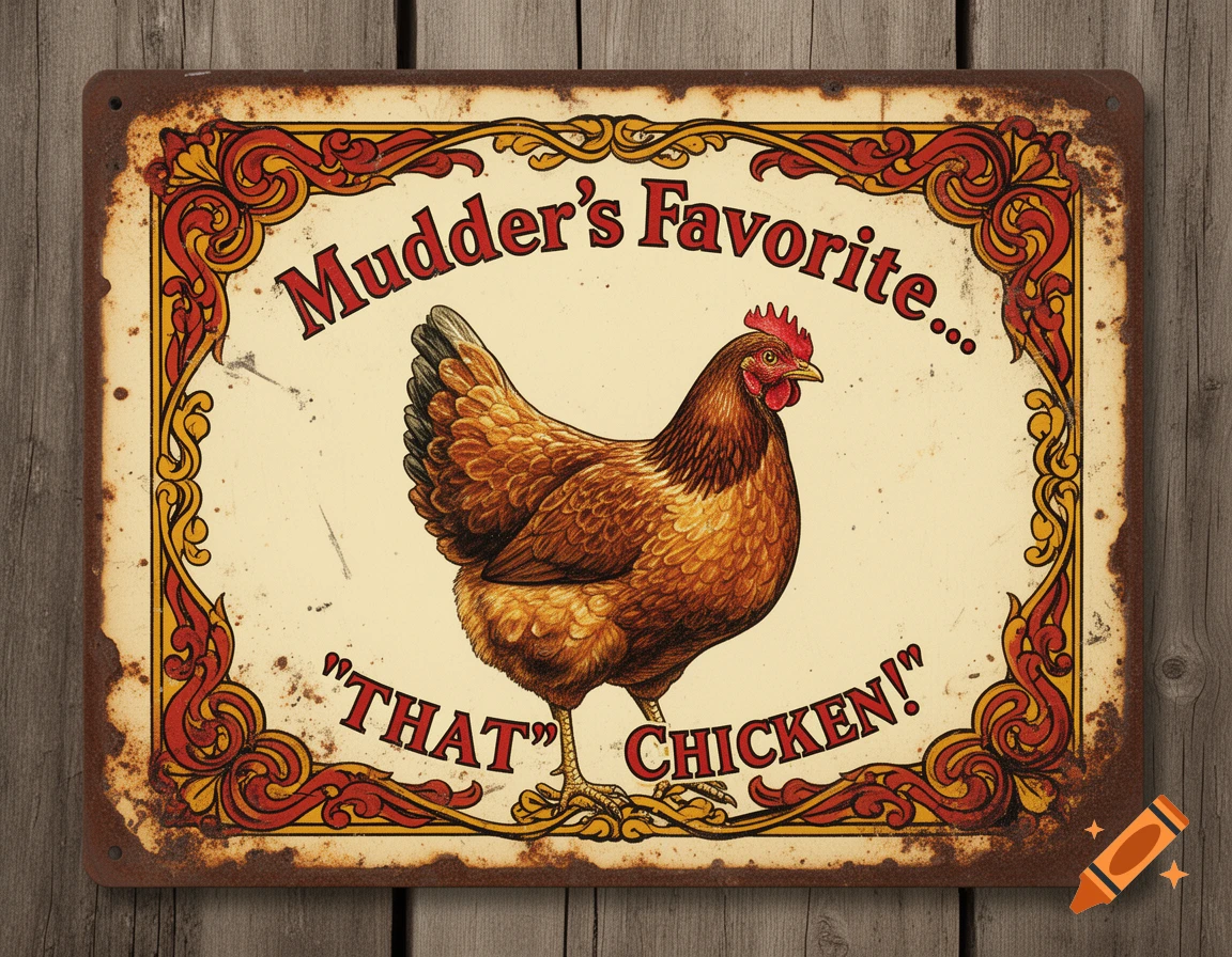 A rustic vintage tin sign featuring a brown hen and the text 'Mudder's Favorite... "THAT" Chicken!'