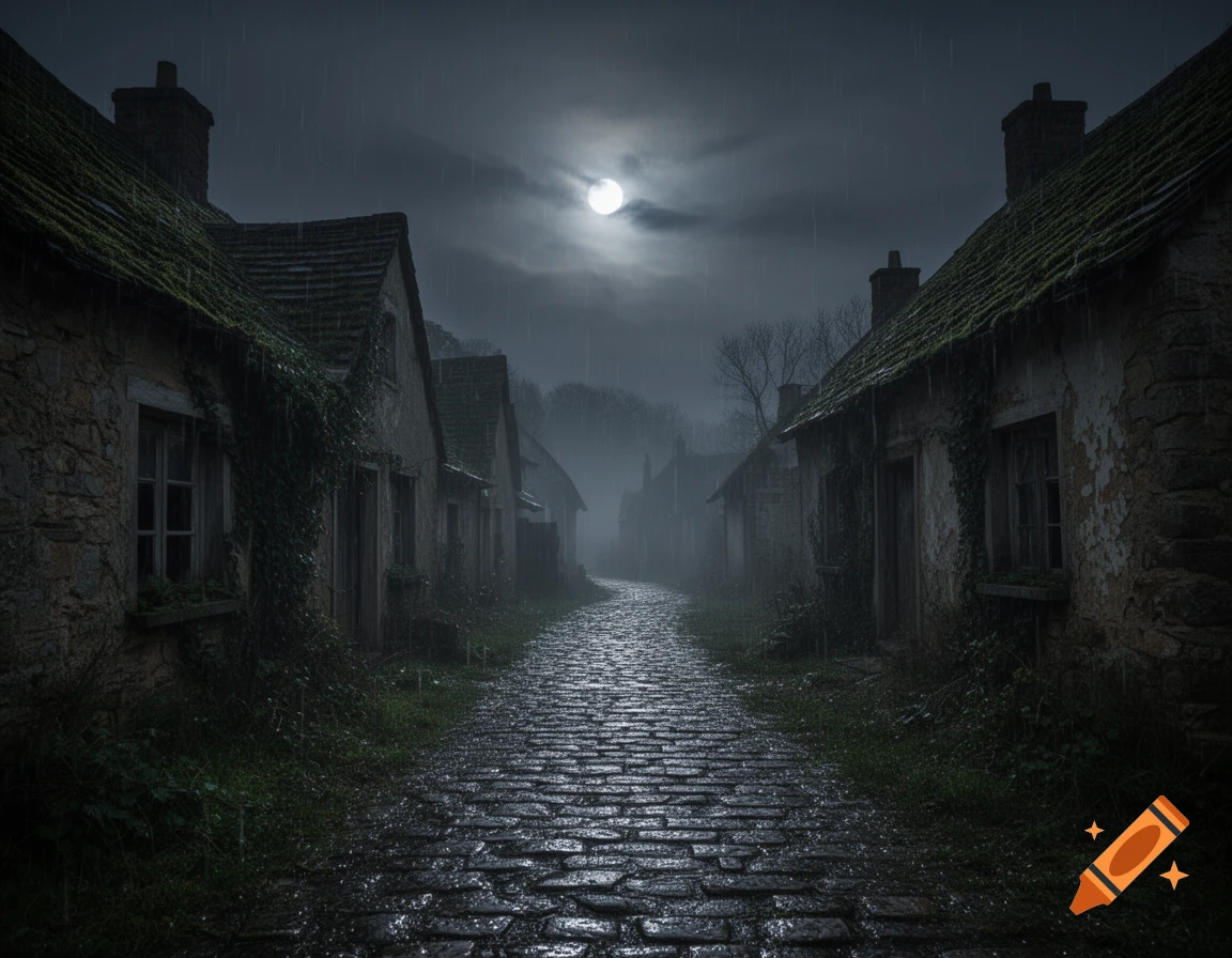 A gloomy, abandoned cobblestone village street at night, with light rain falling under a full moon.